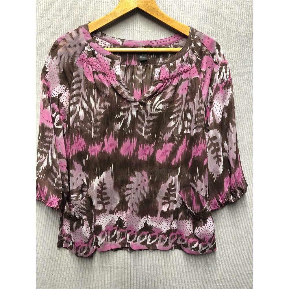 August Silk Blouse Size Large Sheer Brown Pink Multicolor 3/4 Sleeve V Neck
